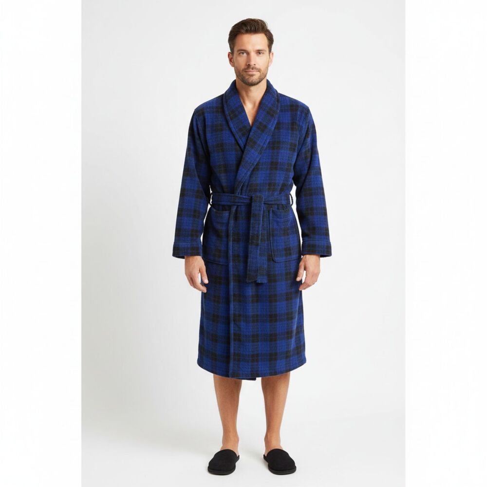 Roundtree & York Blue & Black Plaid Checks Cozy Long Sleeve Robe OS